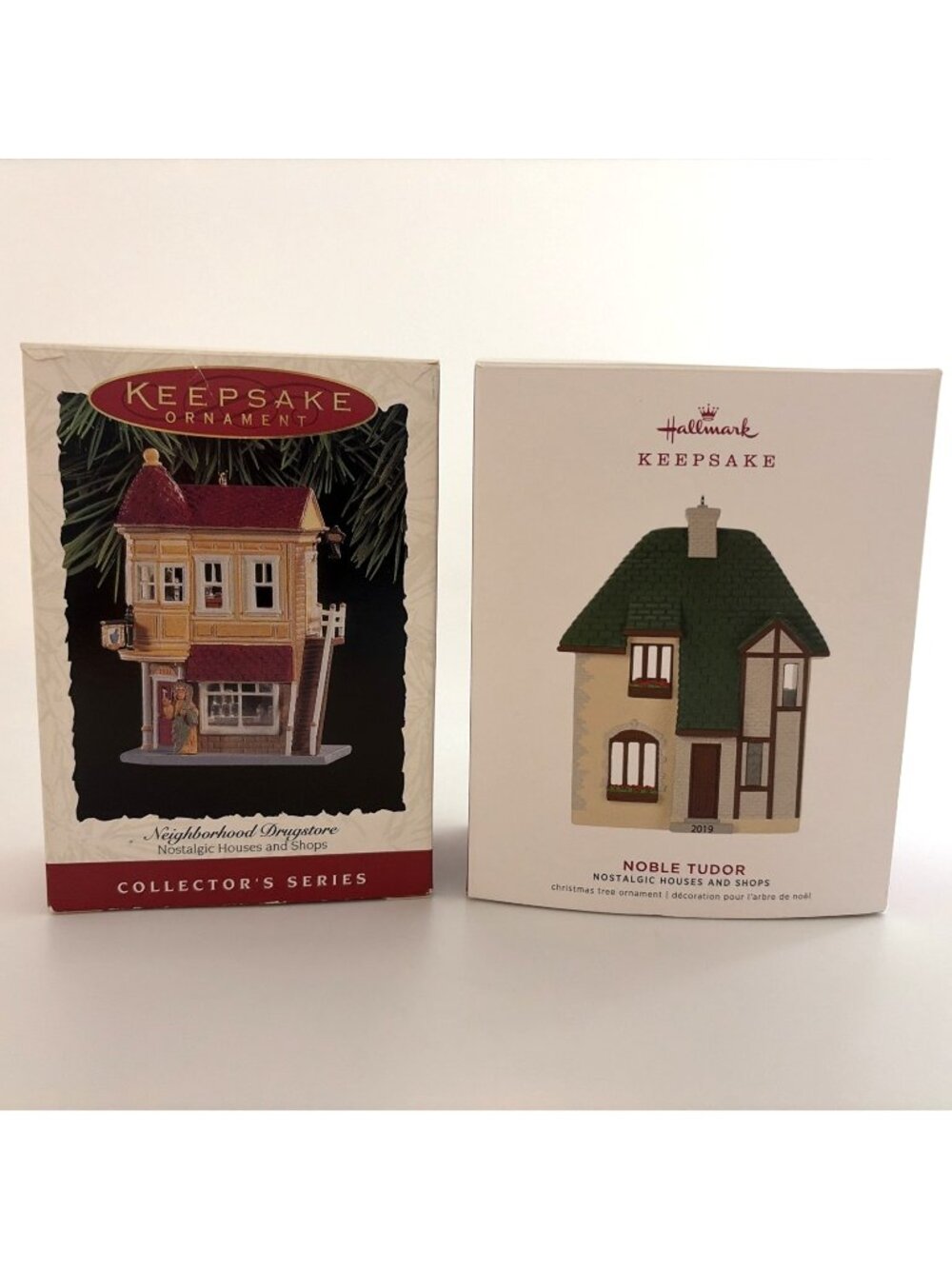 2 Hallmark 1994 Neighborhood Drugstore and 2019 Noble Tudor Nostalgic Houses